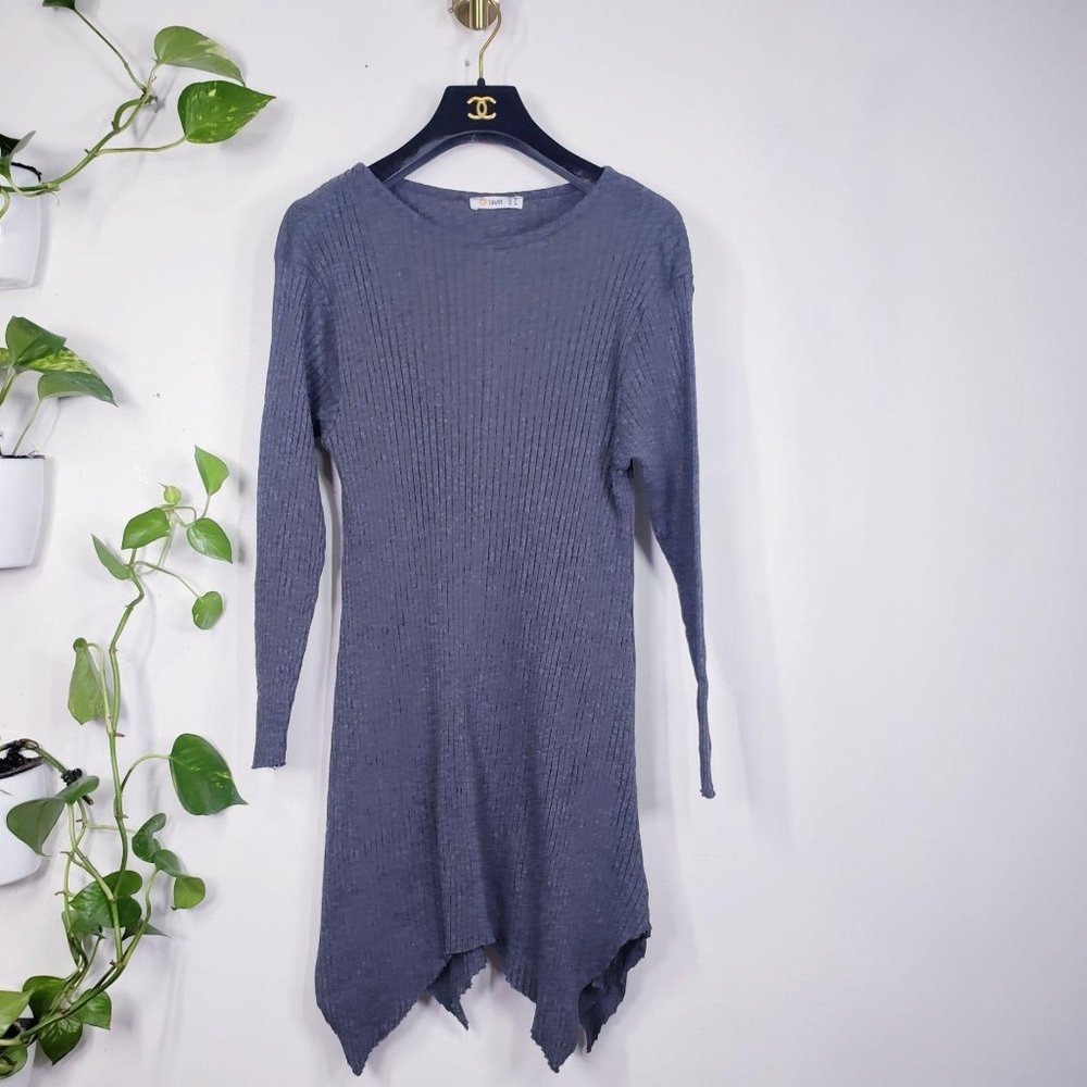 Tavin Womens Medium Gray Ribbed Tunic Dress Sweater Shift Asymmetrical Lagenlook